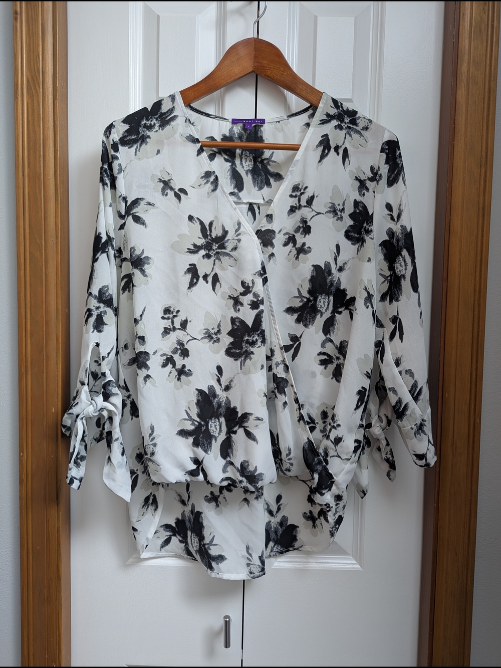 West Kei Black & White Floral Faux-Wrap Blouse